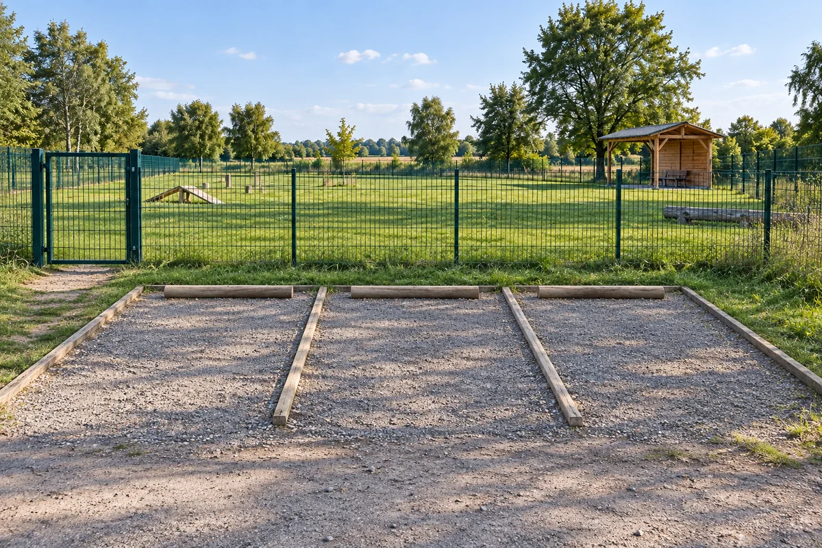 Trzy miejsca parkingowe położone obok wejścia na ogrodzoną polanę.