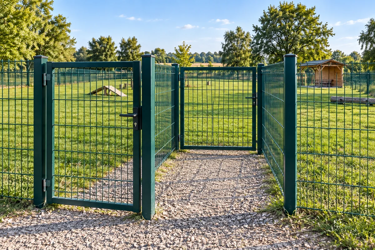 Wejście na polanę z dwiema kolejnymi furtkami tworzącymi śluzę.